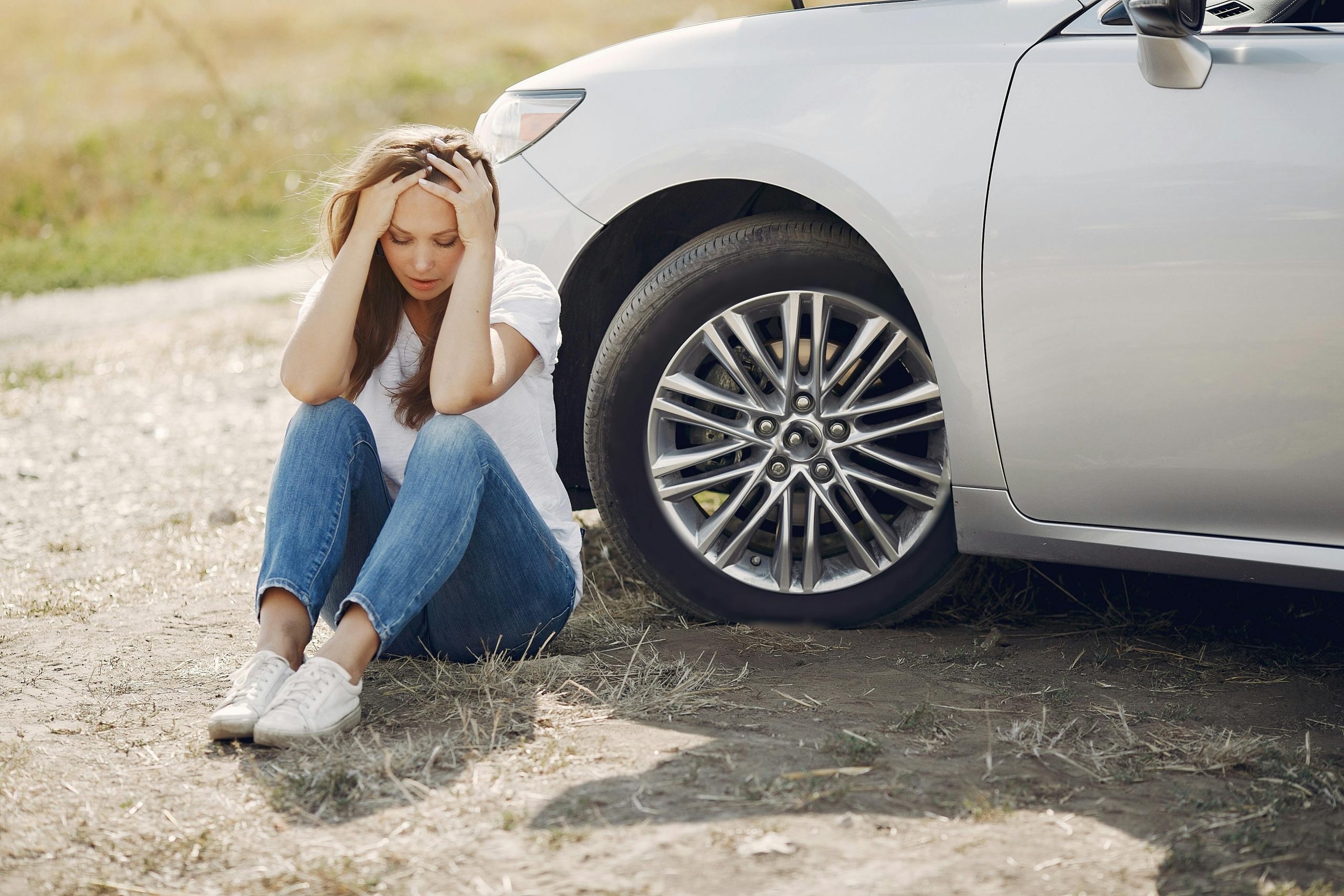 stressed woman sitting next to a broken-down car